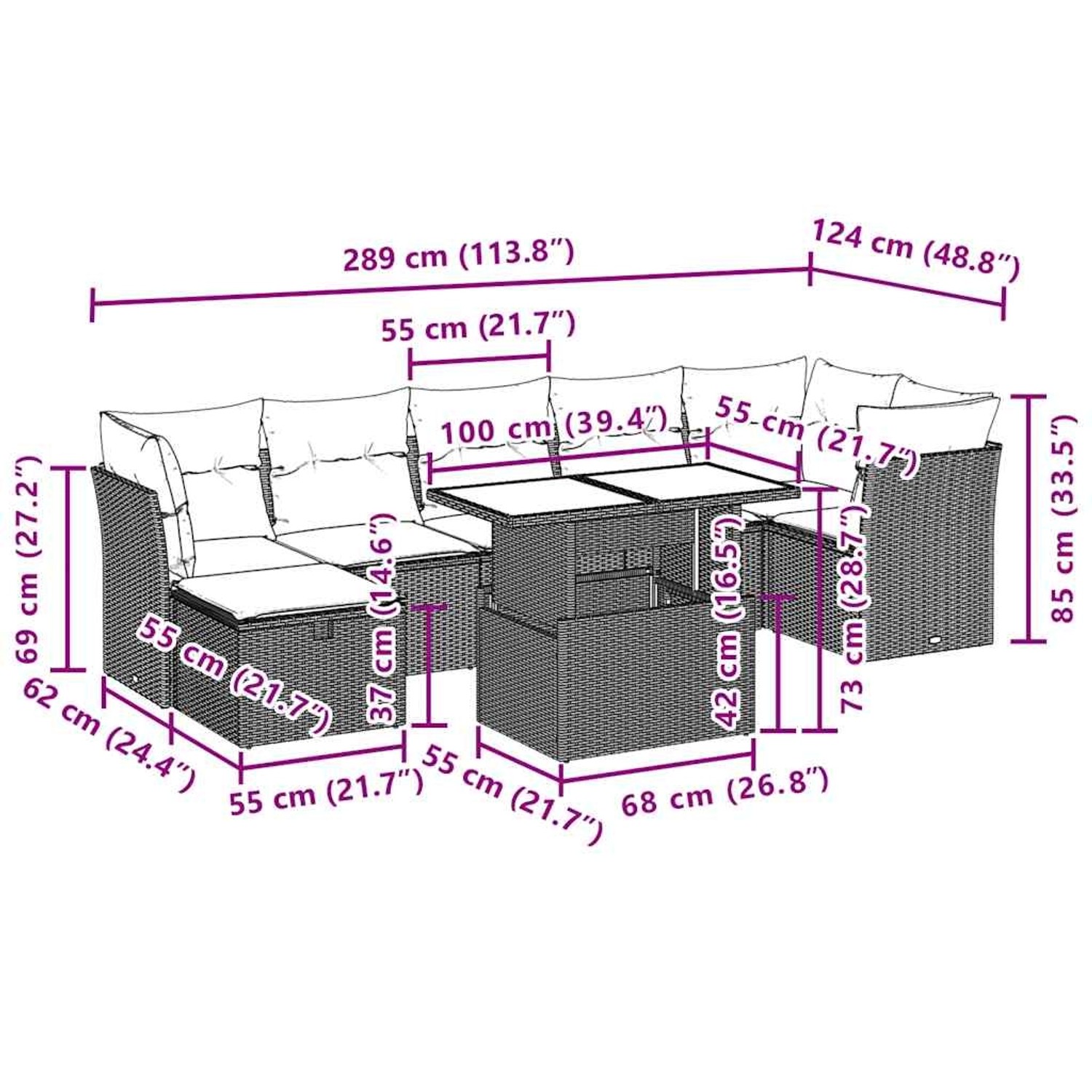 vidaXL Garten-Sofagarnitur, 8-teilig, beige Poly Rattan, mit Maßangaben.