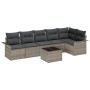 Graues 7-teiliges vidaXL Garten-Sofa-Set aus Polyrattan mit Kissen und Tisch.