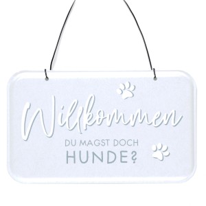 Graues Metallschild "Willkommen, du magst doch Hunde?" mit Hundepfoten, 20x12 cm, zur Gartendekoration.