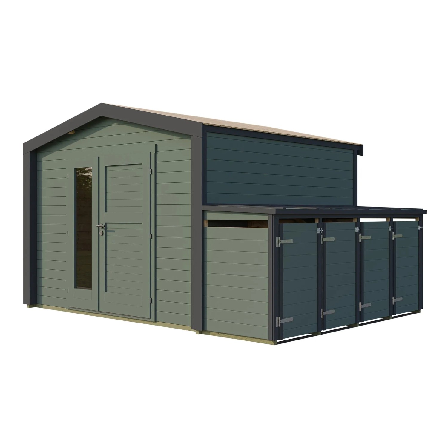 Weka Gartenhaus Killarney mit Designtür und 4er Mülltonnenbox, graugrün/anthrazit.