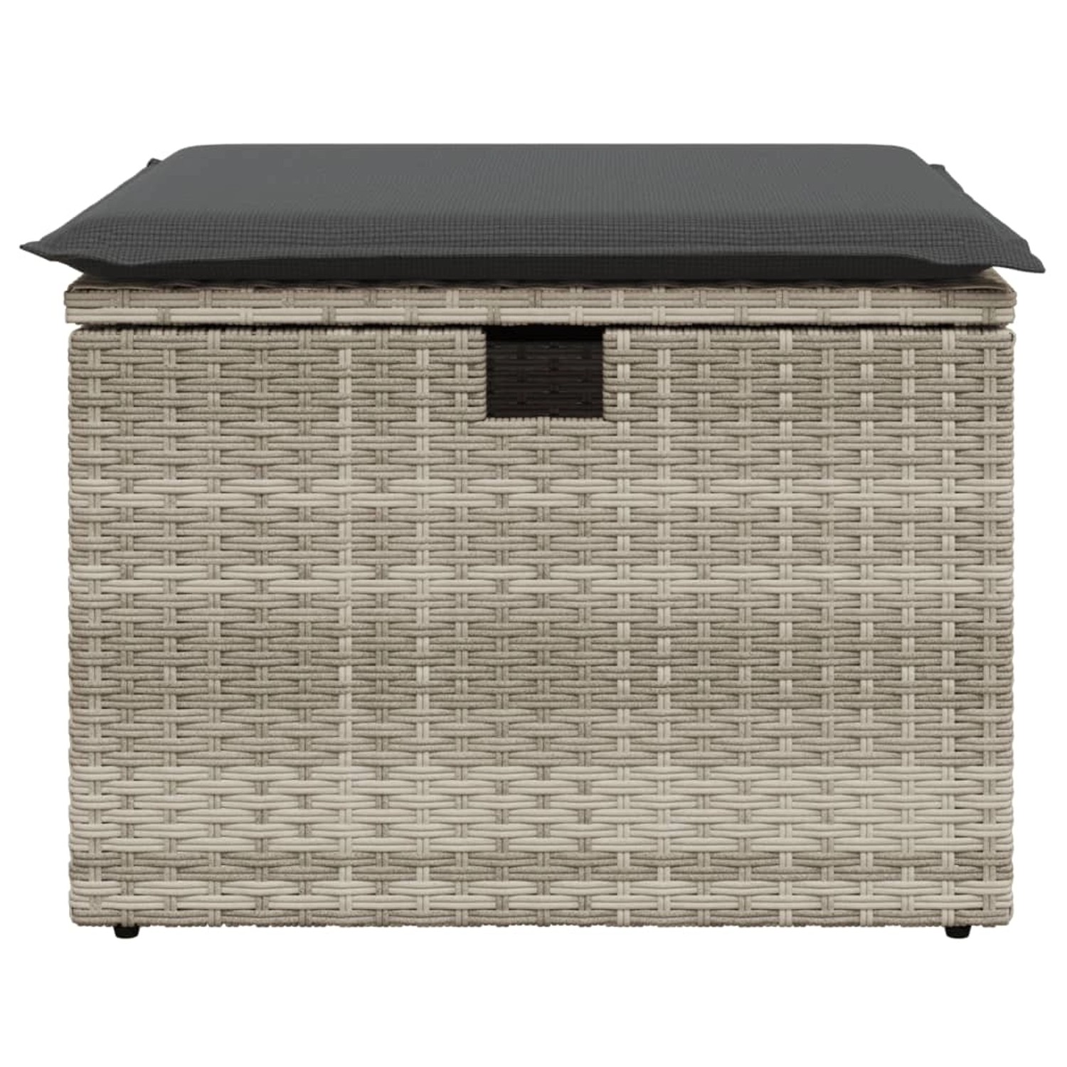 Hellgrauer Gartenhocker mit Kissen, Poly Rattan, 55x55x37 cm. Sitzhocker mit Stauraum.