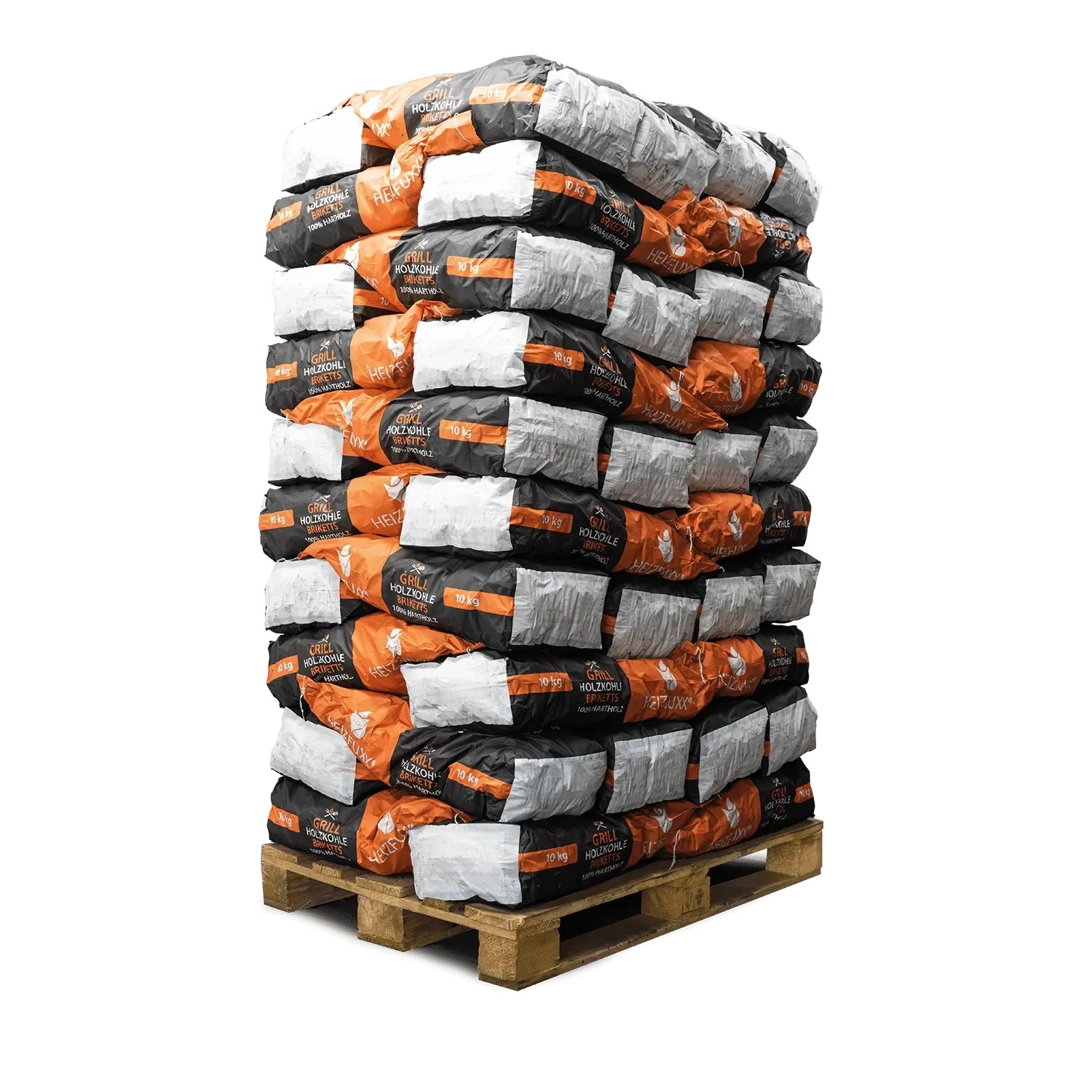 Palette mit 60 Säcken Heizfuxx Grillholzkohlebriketts, je 10kg. Brennstoff für Grill.