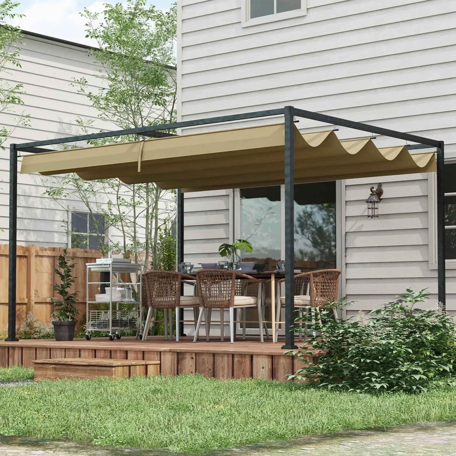 Outsunny Pergola, Khaki, mit Schiebedach, Metallgestell, 298x213x221 cm. Ideal für Garten & Terrasse.