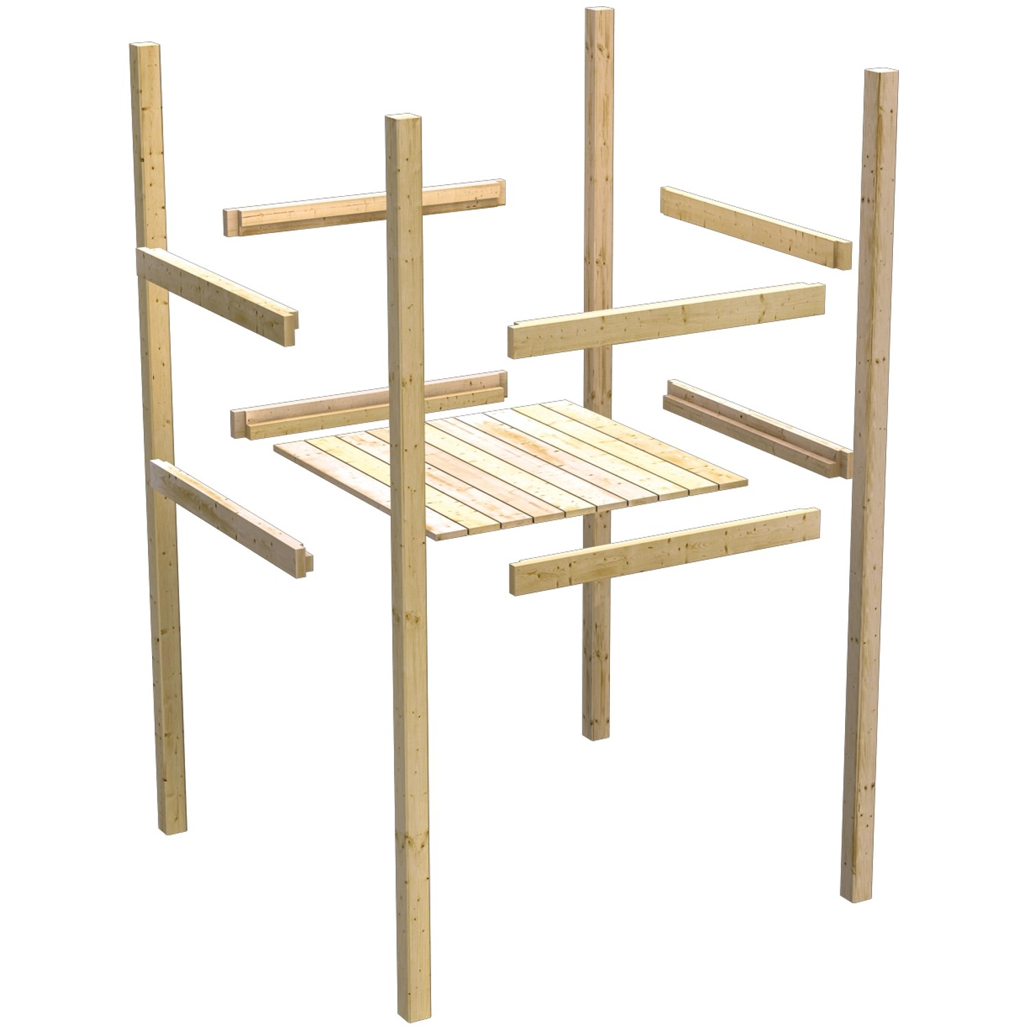 Karibu Spielturm Lotti im Aufbau: Holzkonstruktion mit Plattform für Klettergerüst und Schaukel.