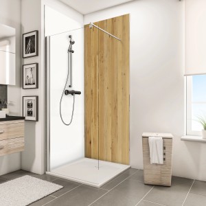 Begehbare Dusche mit Schulte DecoDesign Duschrückwand in Eiche Arlington, 100x210 cm.