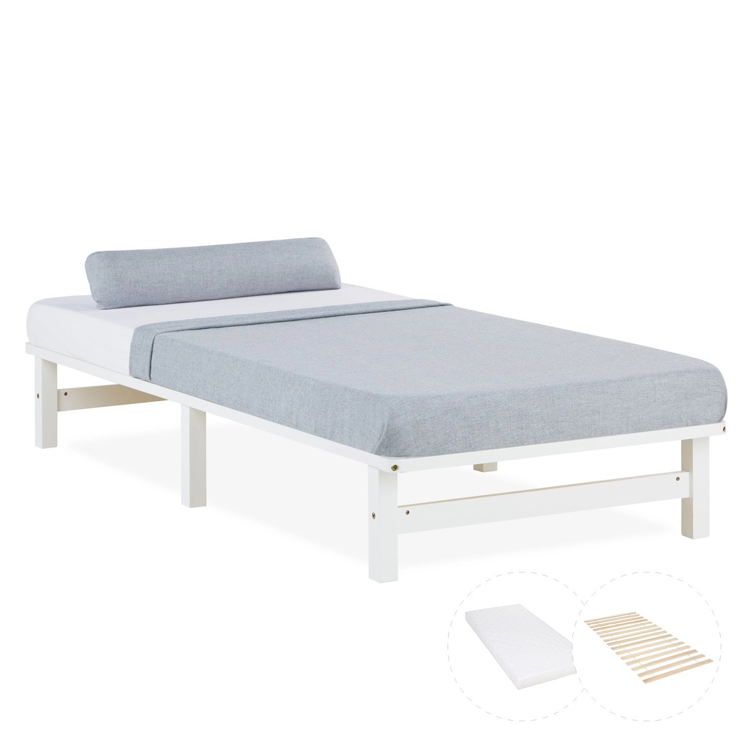 Homestyle4u Holzbett Palettenbett 90x200 mit Matratze Weiß Futonbett 3047