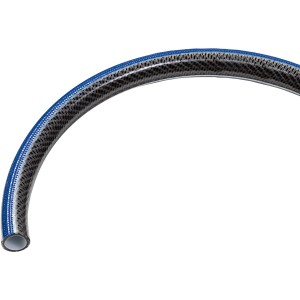 Flexibler LUX-TOOLS Professional Gartenschlauch (3/4 Zoll) mit blauem Rand und schwarzem Gewebe.