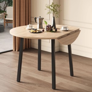 Runder, klappbarer Esstisch in Eiche-Optik mit schwarzen Beinen, eine Seite eingeklappt. Ideal für kleine Räume, 2-4 Personen.