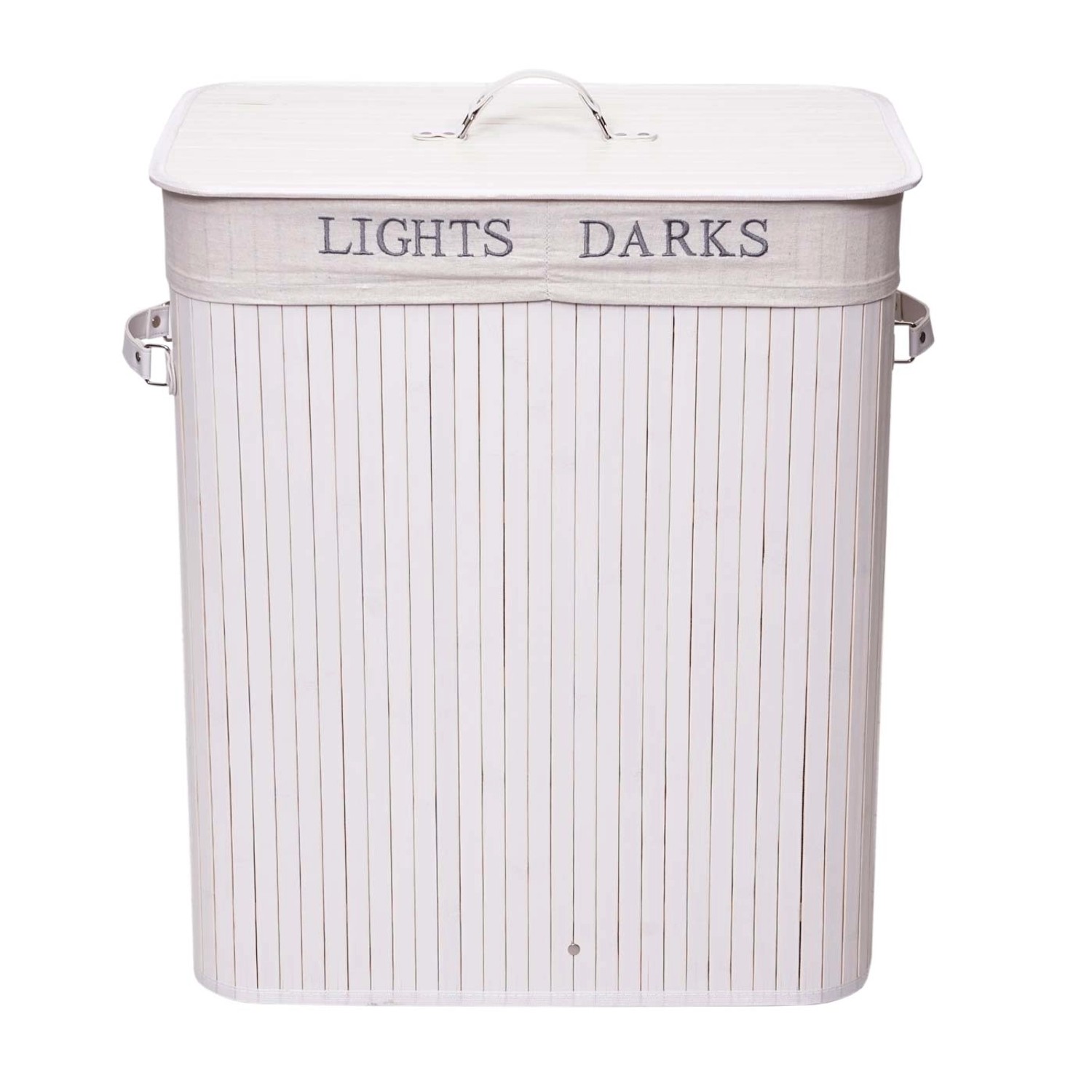 Weißer MCW Wäschekorb aus Bambus mit Deckel und 100l Volumen.