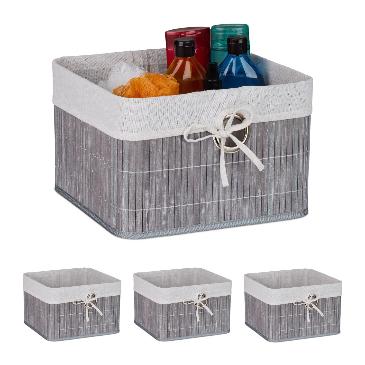 Relaxdays Aufbewahrungskorb Set Bambus Grau Mit Stoffeinlage 4er Pack 20 cm x 31 cm x 31 cm 0,48 kg