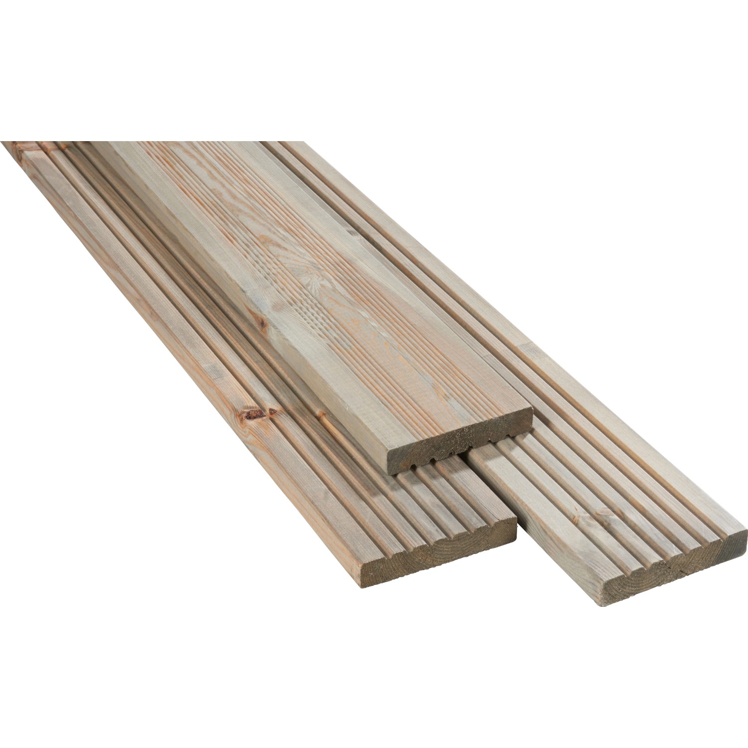 Graue Terrassendielen aus Kiefer, 2,8x14,5x250 cm, mit zwei verschiedenen Oberflächen.