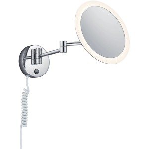 Chromfarbene Trio LED Bad-Wandleuchte View mit Spiegel und Touch-Schalter.