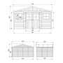Technische Zeichnung: Timbela Gartenhaus M331+M331G, 11,91 m², mit Maßen und Ansichten.