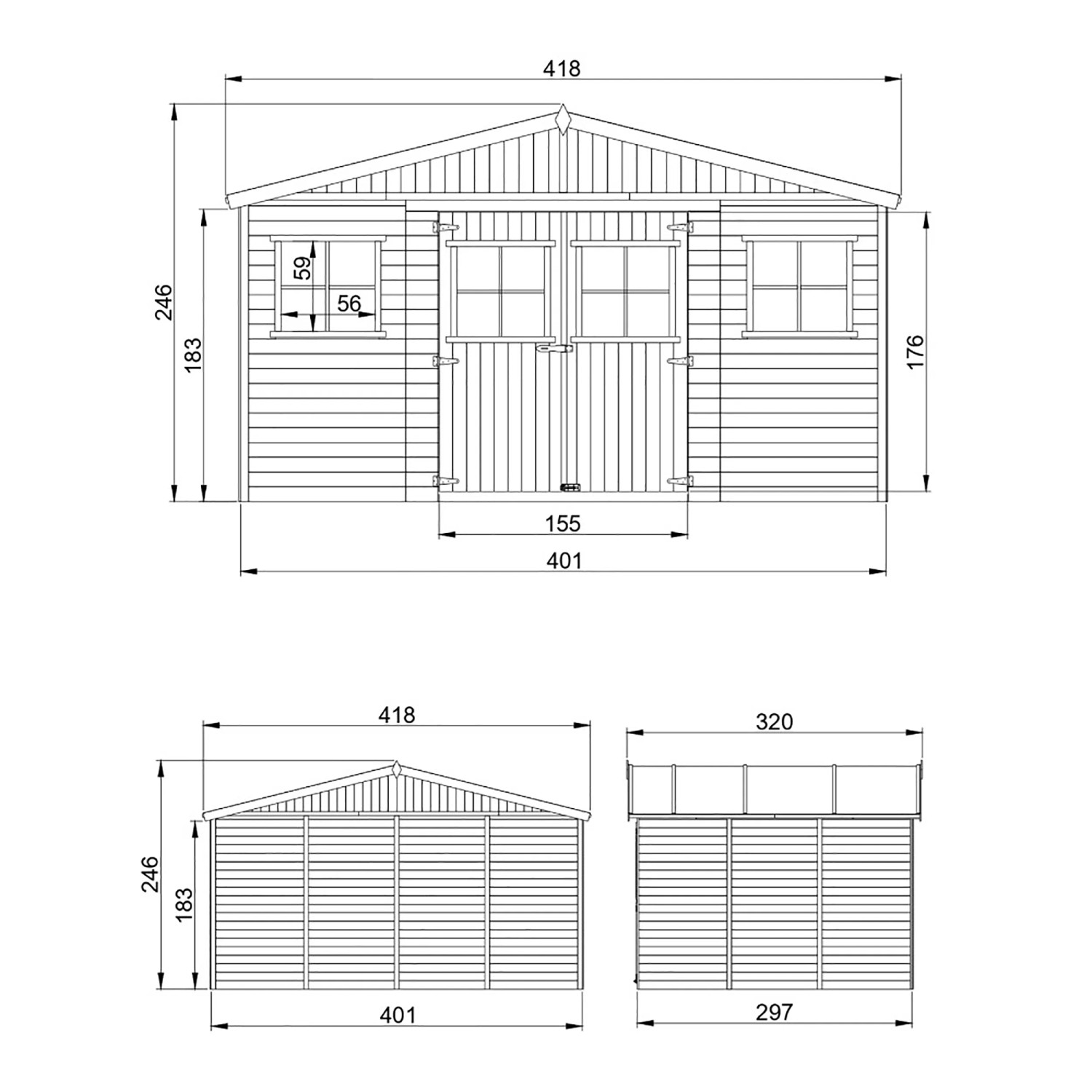 Technische Zeichnung: Timbela Gartenhaus M331+M331G, 11,91 m², mit Maßen und Ansichten.