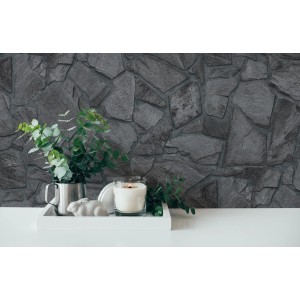 A.S. Création Vliestapete in Schwarz mit Bruchsteinmauer-Design. Dekorative Tapete für Wohnräume.