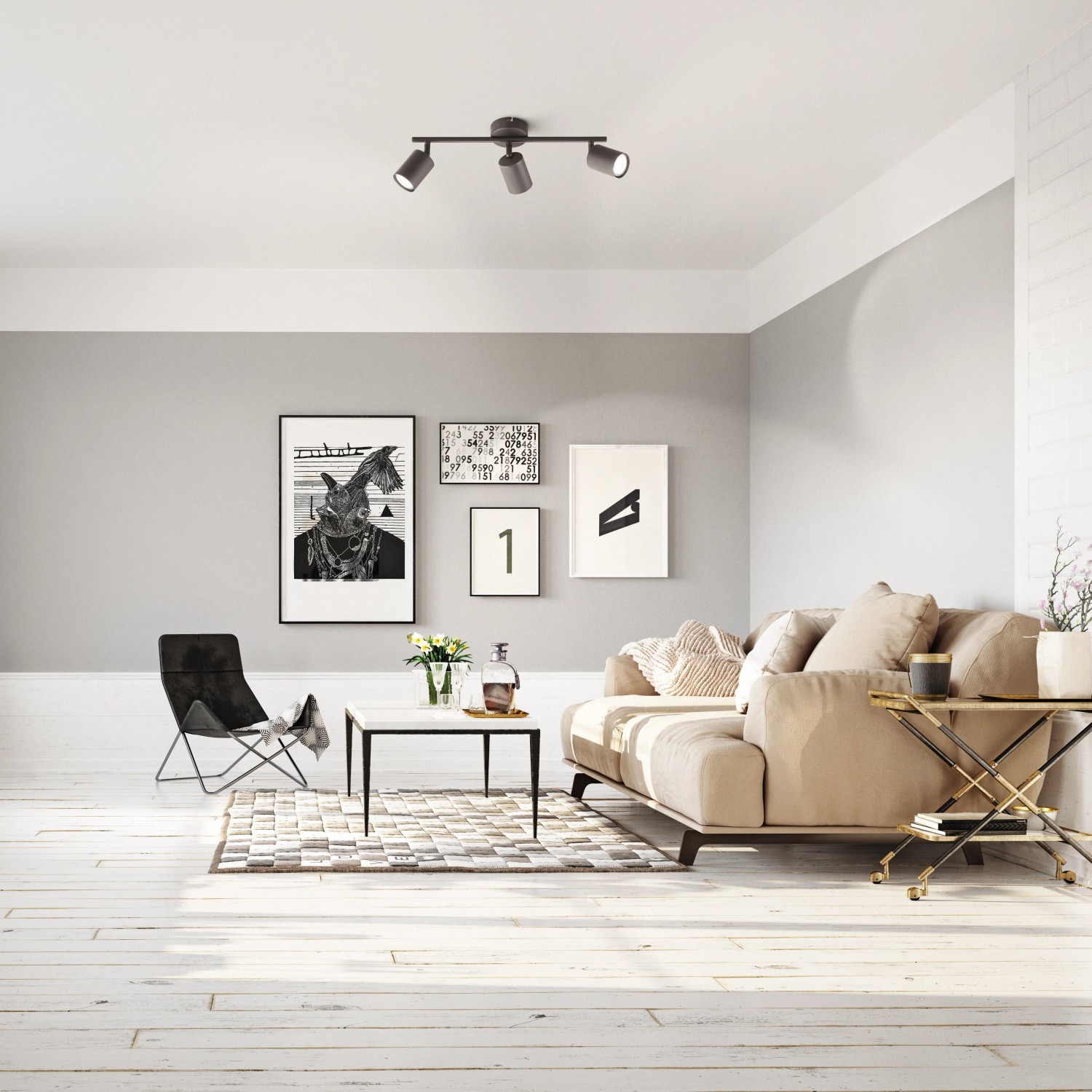 Schwarze Fischer & Honsel Deckenleuchte Vano, 3-flammig, im Wohnraum.