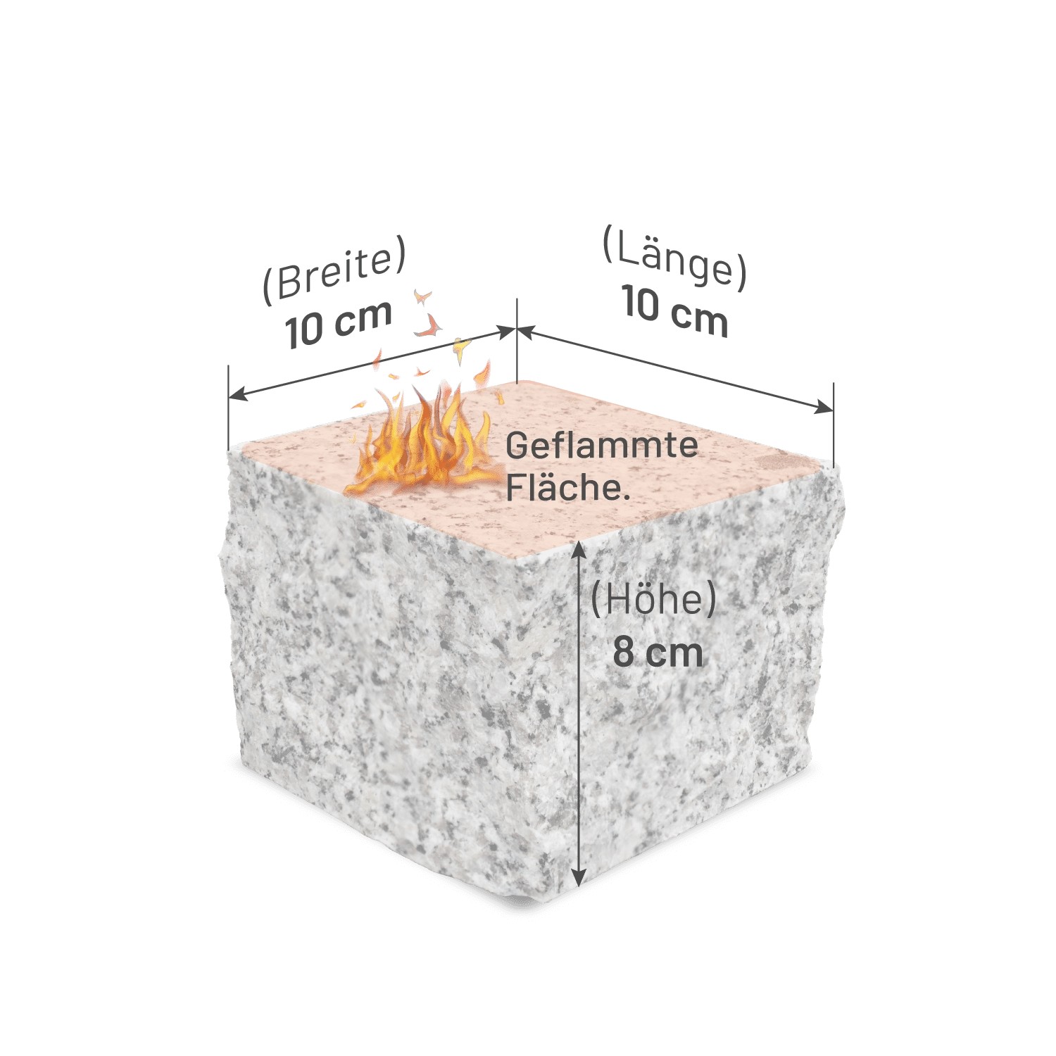 Galamio Granitpflasterstein, gesägt, gespalten, geflammt, 10x10x8 cm, Detailansicht.