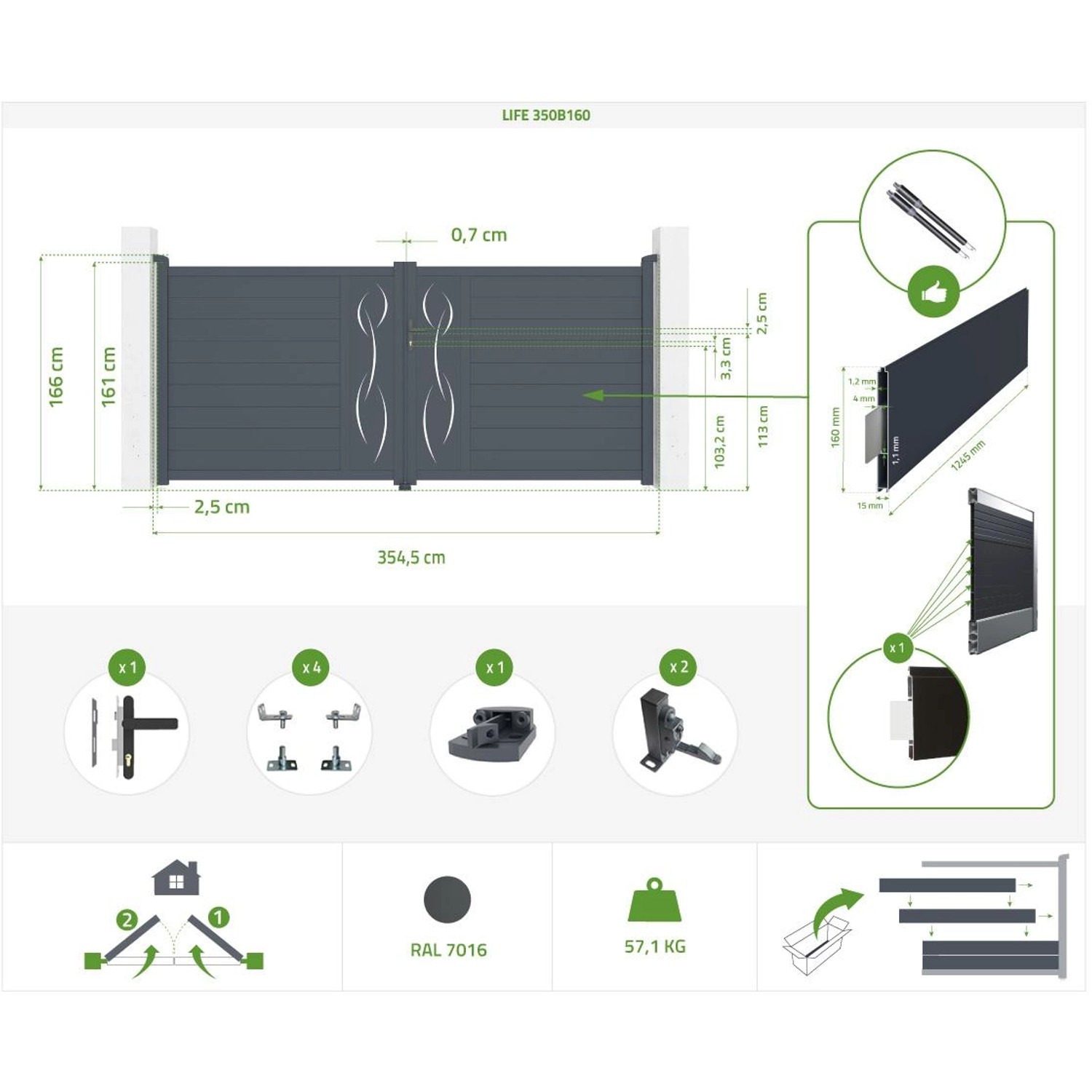 Casanoov Flügeltor elektrisch, 3,5 m breit, mit Maßen und Zubehör im Überblick.