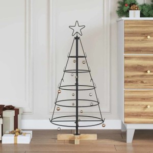 vidaXL Weihnachts-Tannenzapfenbaum Schwarz, 90 cm, aus Stahl mit Sternspitze und Holzständer. Moderner Dekobaum.