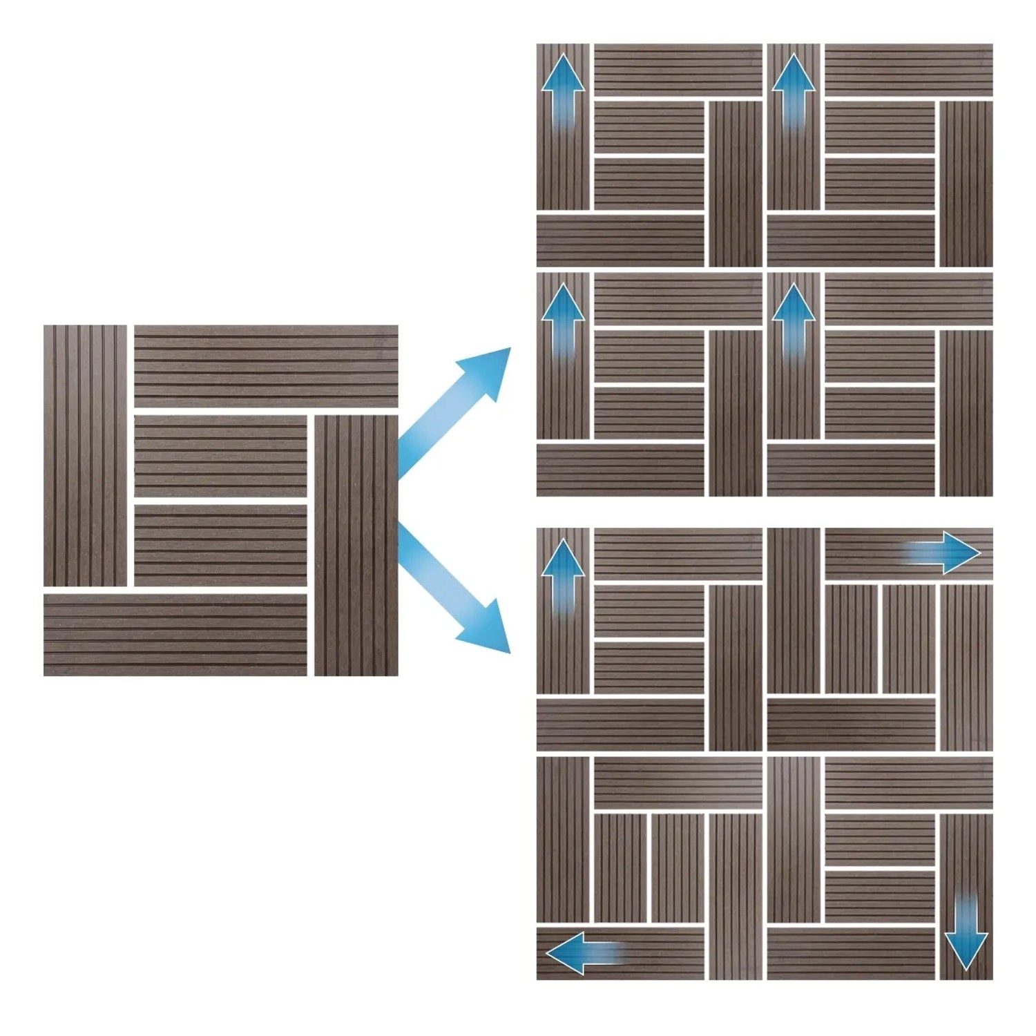 ECD Germany WPC Terrassenfliesen 30x30cm, 55er Set, dunkelbraune Holzoptik, Verlegebeispiele.