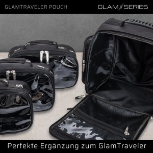 Schwarze Glamseries Glamtraveler Pouch Kosmetiktaschen Inlays mit transparentem Deckel und Doppelreißverschluss.