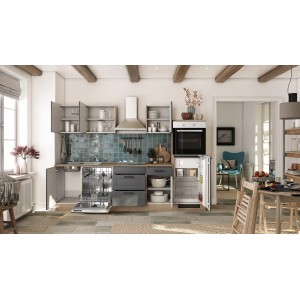 Moderne Landhausküche Flex-Well Exclusiv Romeo, 280 cm, Anthrazit/Eiche mit E-Geräten.