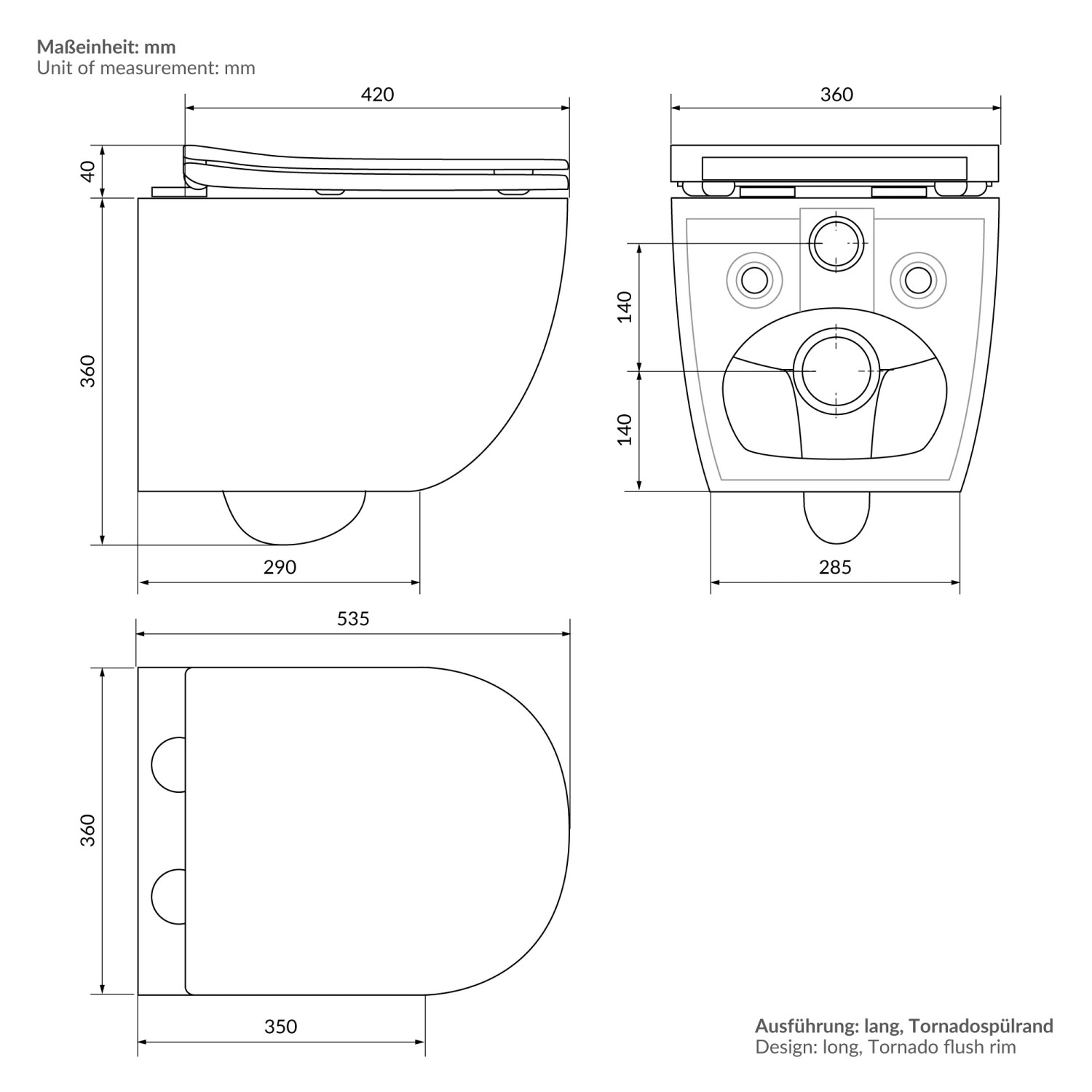 Technische Zeichnung: LuxeBath Hänge WC, spülrandlos, schwarz matt, Maße und Details.