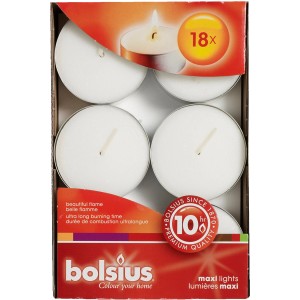 Bolsius Maxi Teelichter, 18er Pack, weiße Kerzen für stimmungsvolle Beleuchtung.