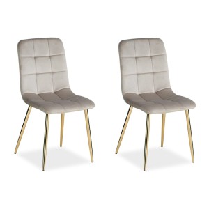 Zwei beige Samt Esszimmerstühle, gesteppt, mit goldenen Metallfüßen. Modernes Polsterstuhl 2er Set.