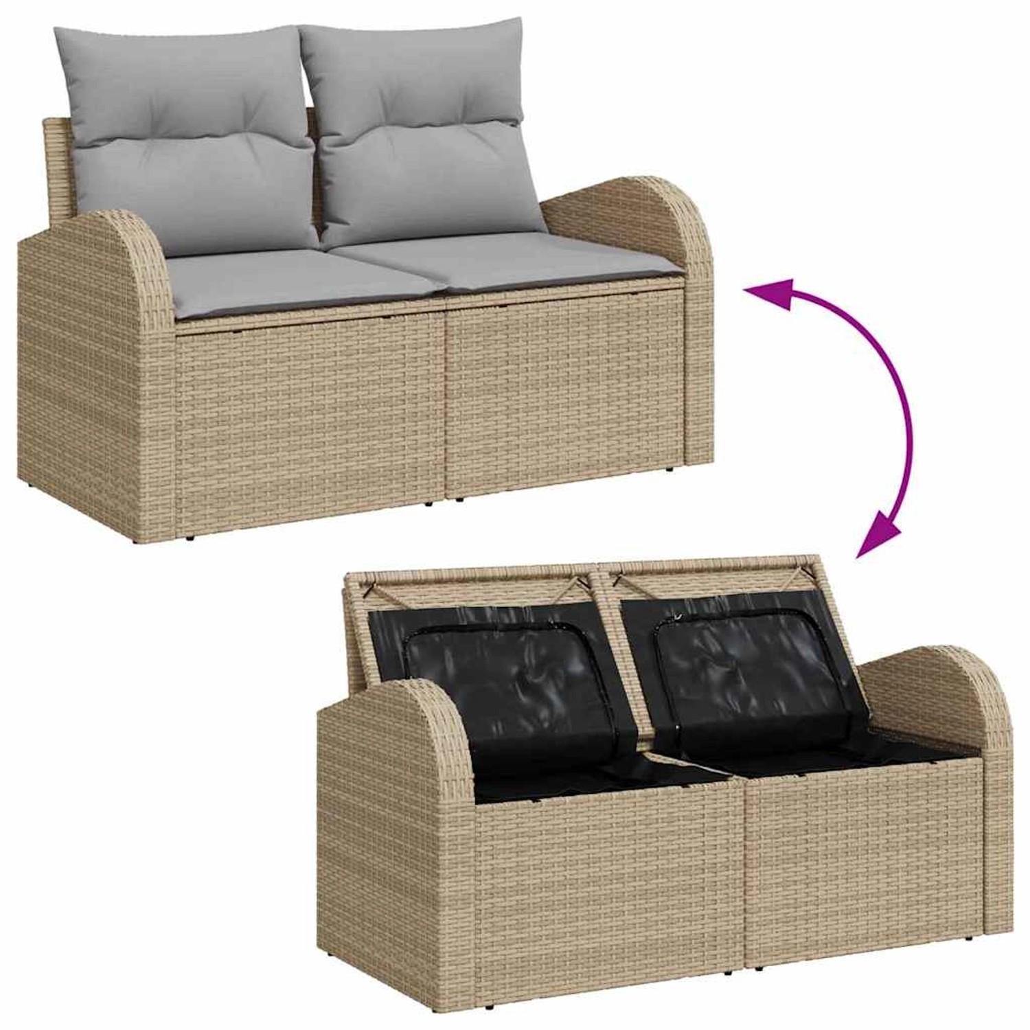 vidaXL Garten-Sofa-Set, 9-tlg., beige/hellgrau, mit Stauraum. Gartenmöbel aus Rattan und Stahl.
