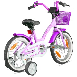 Violettes PROMETHEUS Kinderfahrrad 16 Zoll mit Stützrädern, Korb und Rücktrittbremse.