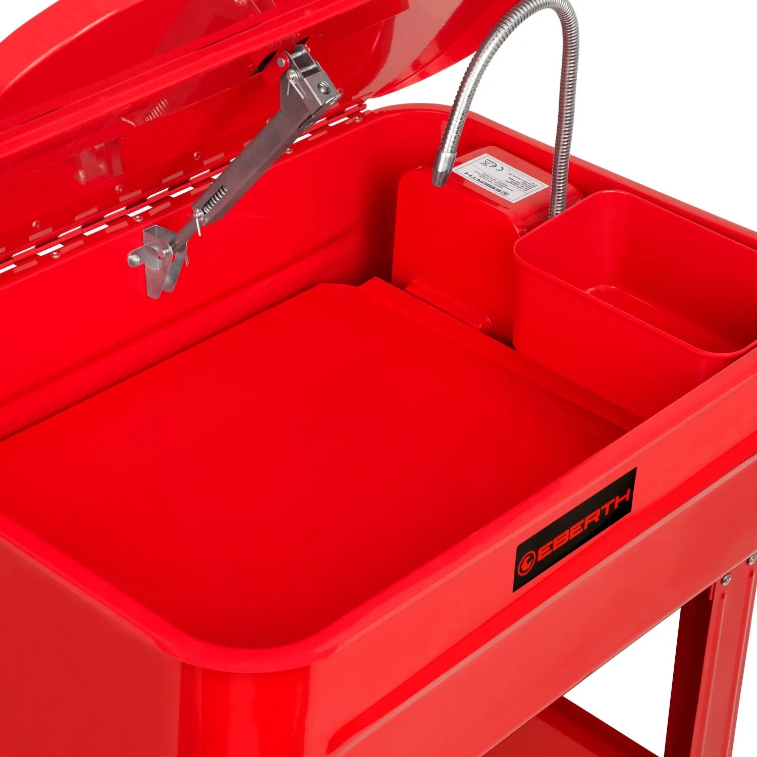 Rotes EBERTH Teilewaschgerät mit Pumpe, 80L Becken und Werkzeugablage für die Werkstatt.
