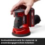Einhell Akku-Exzenterschleifer TE-RS 18 Li Solo in Rot/Schwarz mit Hand. Schleifmaschine für Holz, Kunststoff & Metall.