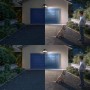Philips Zyren Solar-Sicherheitslicht: Außenstrahler beleuchtet Hof mit Kind und Hund, Vergleich Tag/Nacht.