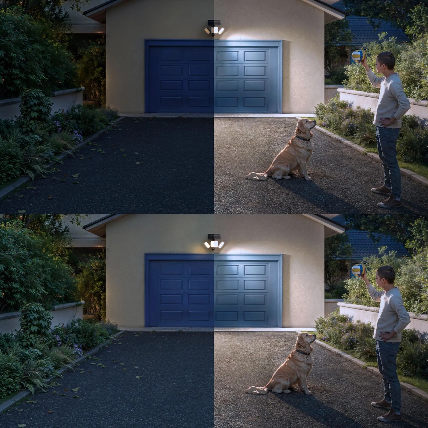 Philips Zyren Solar-Sicherheitslicht: Außenstrahler beleuchtet Hof mit Kind und Hund, Vergleich Tag/Nacht.