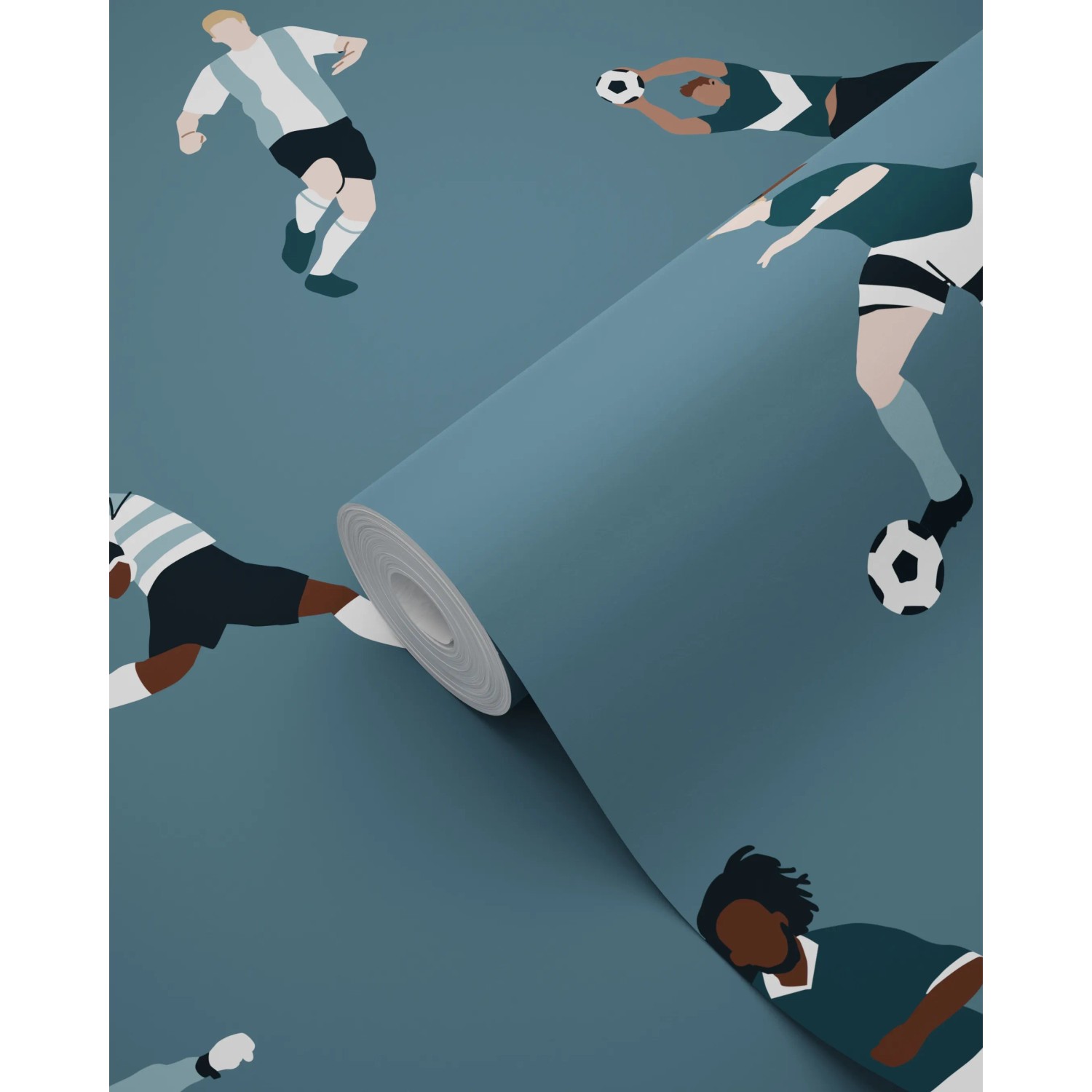 Dunkelblaue Vliestapetenrolle mit stilisierten Fußballspielern in Aktion. ESTAhome Tapete.