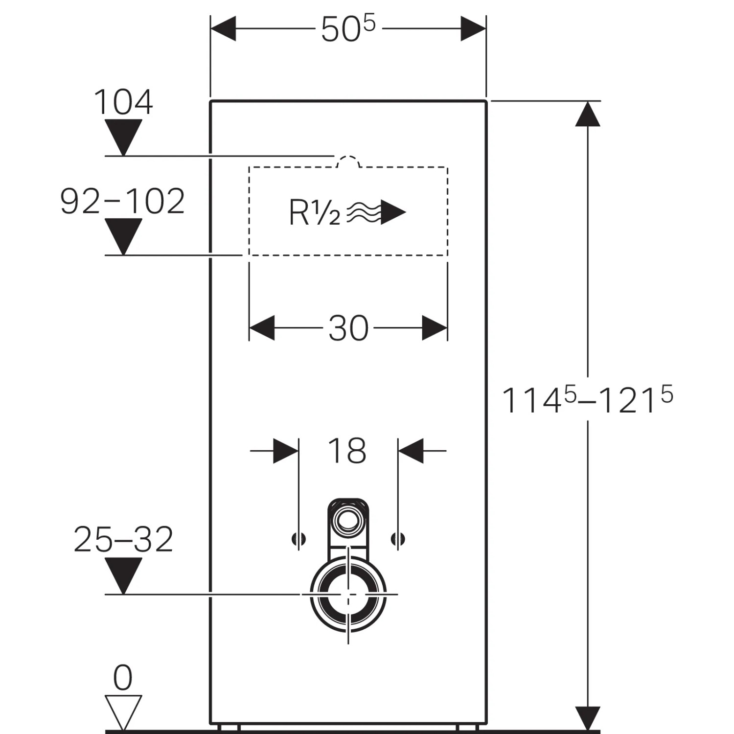 Technische Zeichnung Geberit Monolith Sanitärmodul 114 cm, Maße und Anschlüsse für Wand-WC.