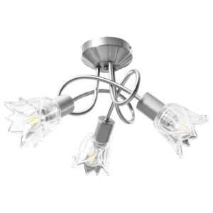Moderne Deckenleuchte aus verchromtem Stahl mit drei tulpenförmigen Glas-Lampenschirmen für E14 Glühlampen.