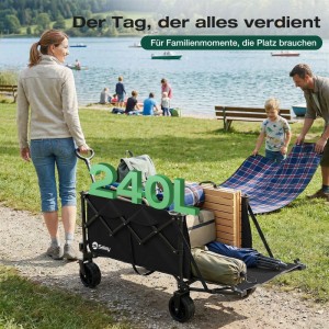 Sekey Bollerwagen, faltbar mit Heckklappe, 240L, beladen am See. Ideal für Camping & Freizeit.