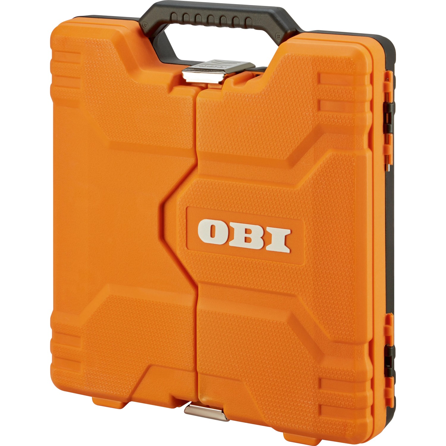 Geschlossener, orangefarbener OBI Werkzeugkoffer, 62-teilig, mit Tragegriff.