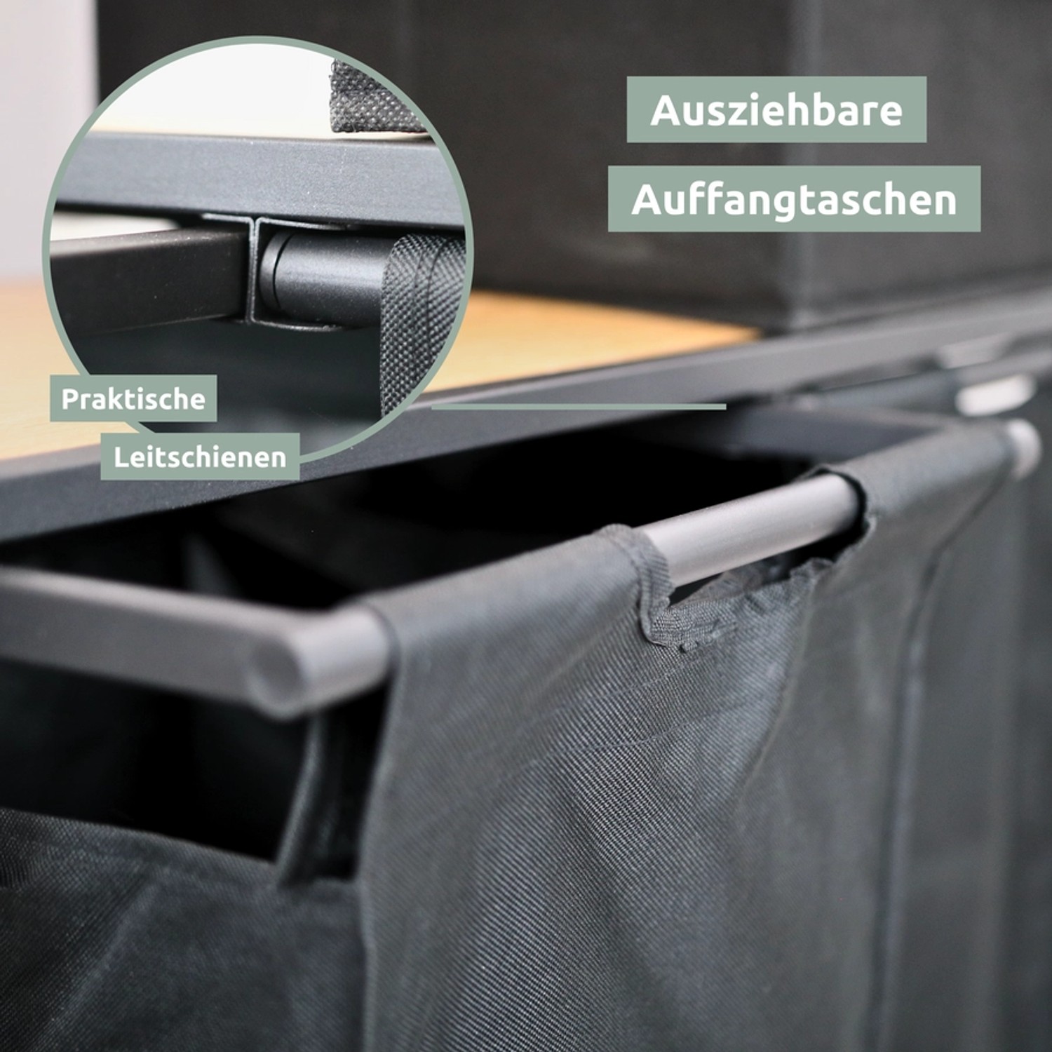 Detailaufnahme: Ausziehbarer holz4home Wäschekorb mit 2 Fächern und praktischen Leitschienen.