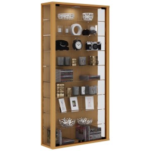 Wandhängende Vitrine Vitrosa Maxi mit Glastüren und Glasböden im Buche Dekor.