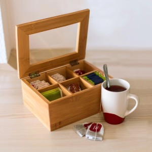 Relaxdays Teebox Bambus Natur Luftdicht 6 Fächer 9 cm x 22 cm x 16 cm 0,7 kg