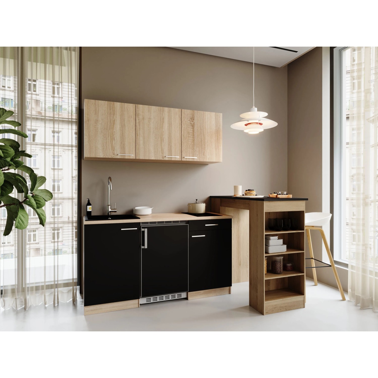 Respekta Ingrid Singleküche 150 cm Schwarz mit Bartisch