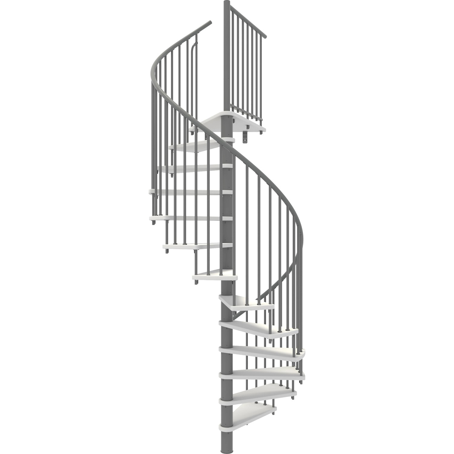 Minka Spindeltreppe Spiral Smart, Ø160cm, weiß/grau. Innentreppe mit Holzstufen und Metallgeländer.