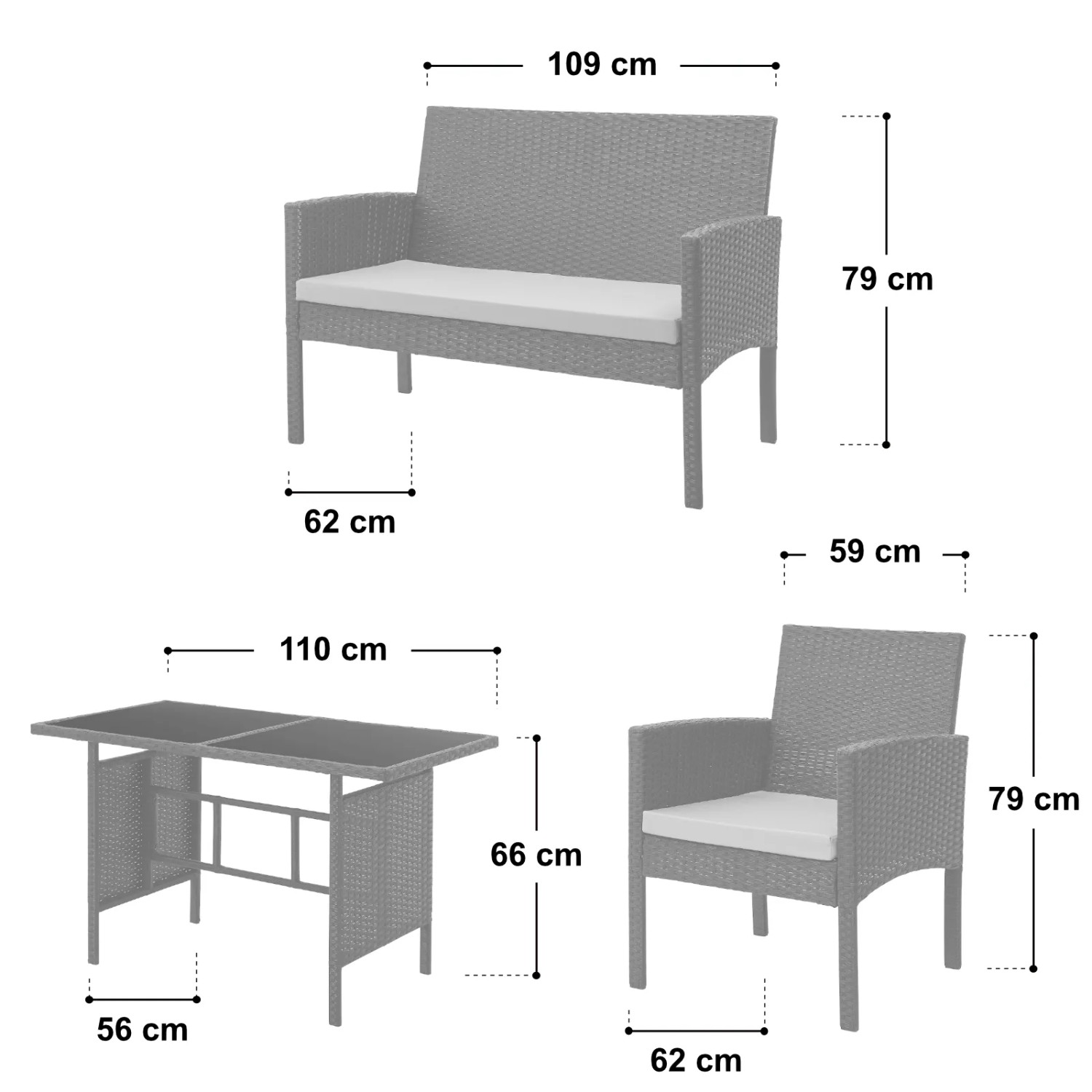 Svita Brooklyn XL Rattan Essgruppe Gartenmöbel Set, Maße von Tisch, Sofa und Stühlen.