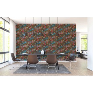 Tadessi Vliestapete Floral M1-No.1455 in Rot mit bunten Blumenmustern an einer Esszimmerwand. Dekorative Tapete.