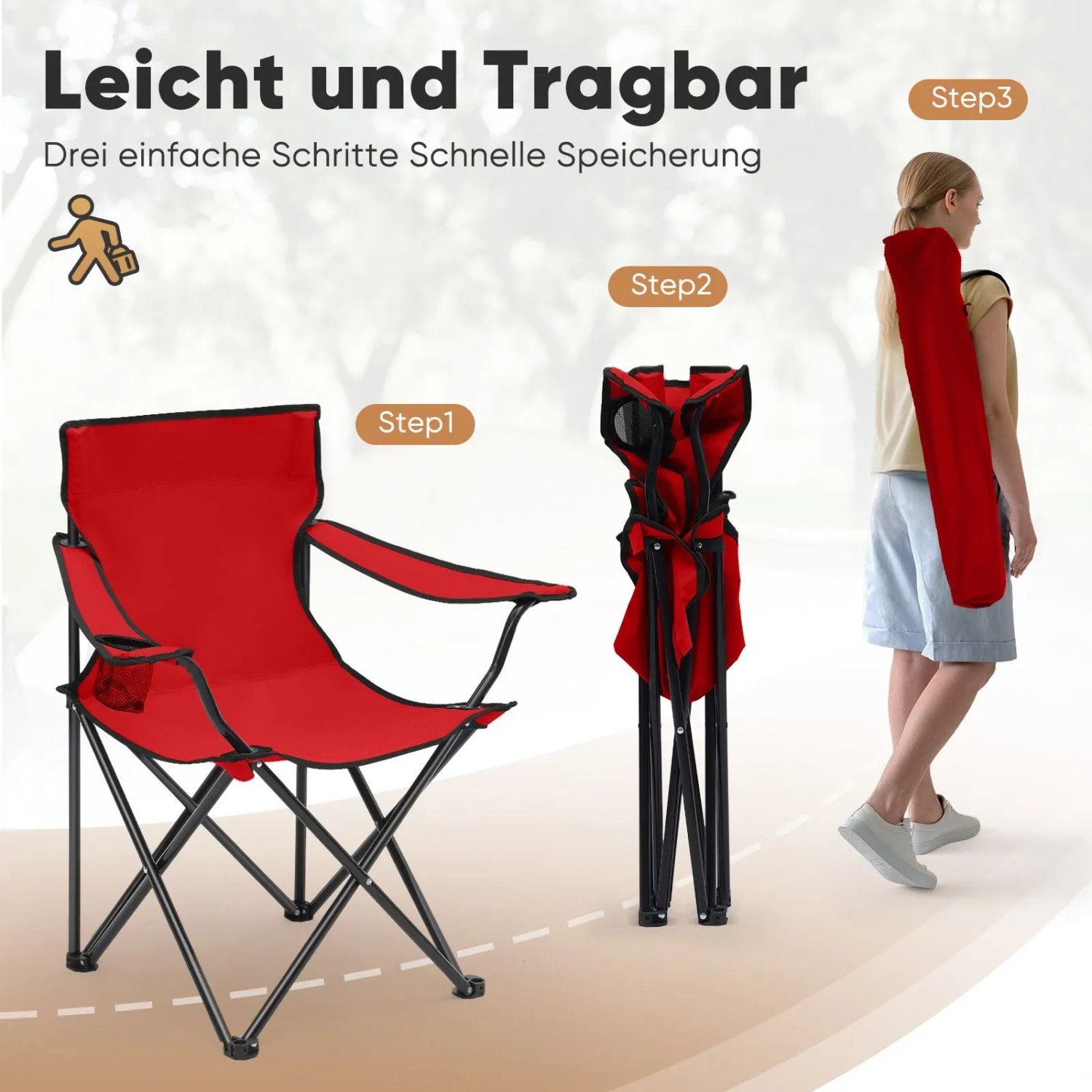 Sunula Campingstuhl, rot, faltbar mit Getränkehalter und Tragetasche, ideal für Camping & Outdoor.