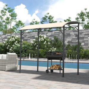 Outsunny Grillpavillon mit beigem Dach und schwarzem Metallgestell neben Grill und Pool.