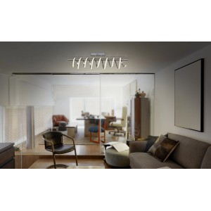 Moderne, weiße LED-Deckenleuchte Belleza von Näve, ca. 100 cm, in Wohnraum mit Sofa und Sessel.